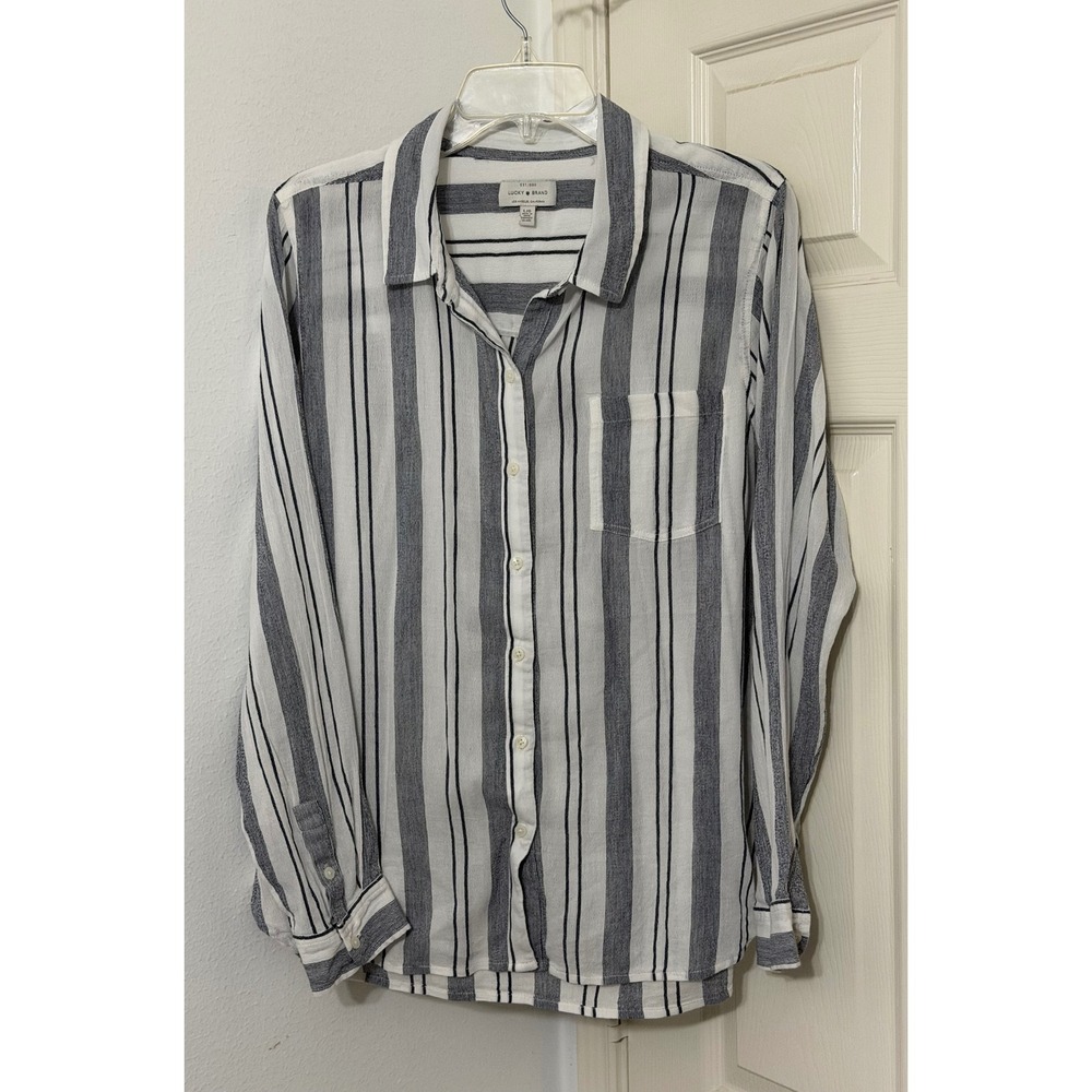 Lucky Brand Mens sz L Striped Button Down Shirt Navy Blue White Cotton Blend